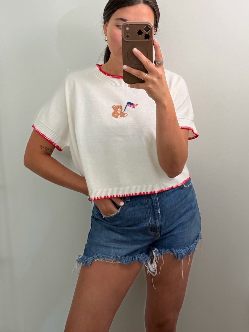 Blue Blush White Knit Teddy Bear Crop Top with Red Trim